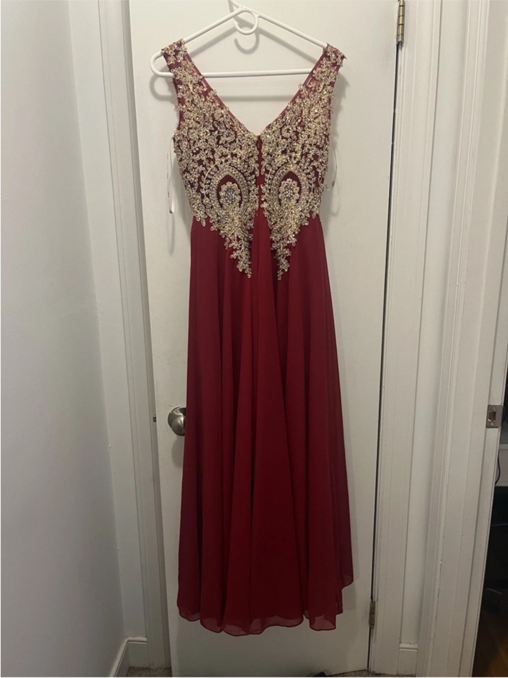 Burgundy Prom Dress with Gold Embellished Bodice